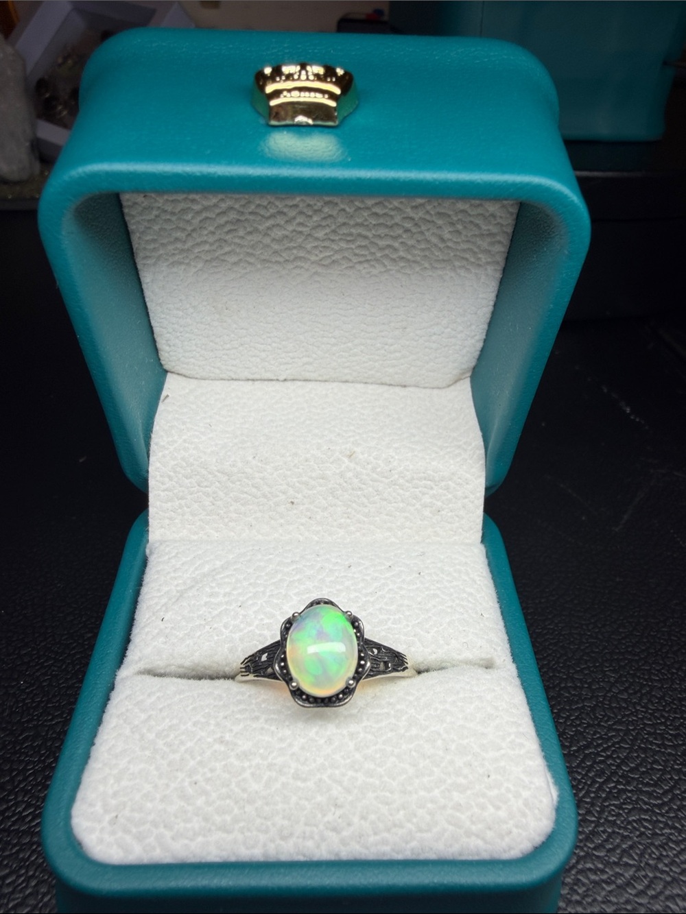 Sterling Silver Opal Ring in Teal Box - Iridescent Opal